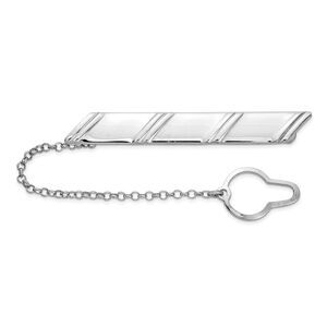 Rhodium Plated Sterling Silver Diagonal Stripe w/ Button Chain Tie Bar
